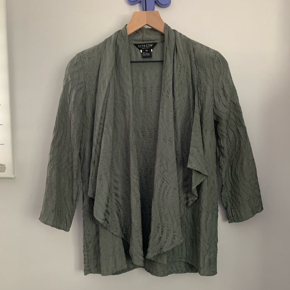 Citron XS Silk Drape Kimono Olive‎ Sage Moss Green Open Front 3/4 Sleeve